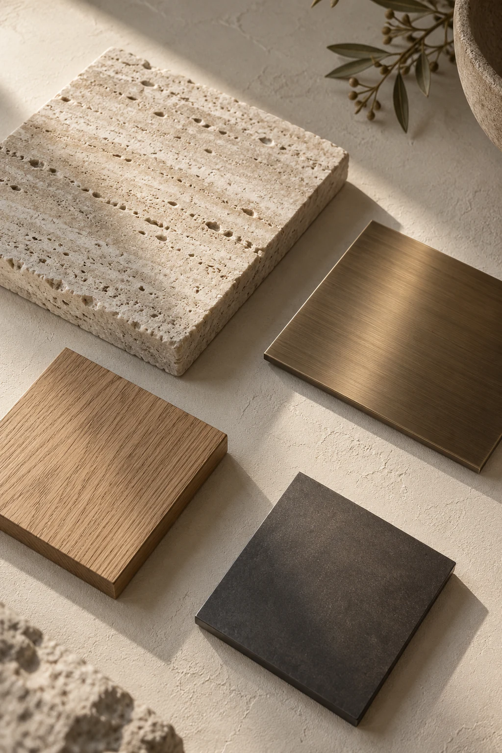 Conceptual study of stone, timber and metal finishes in soft directional light