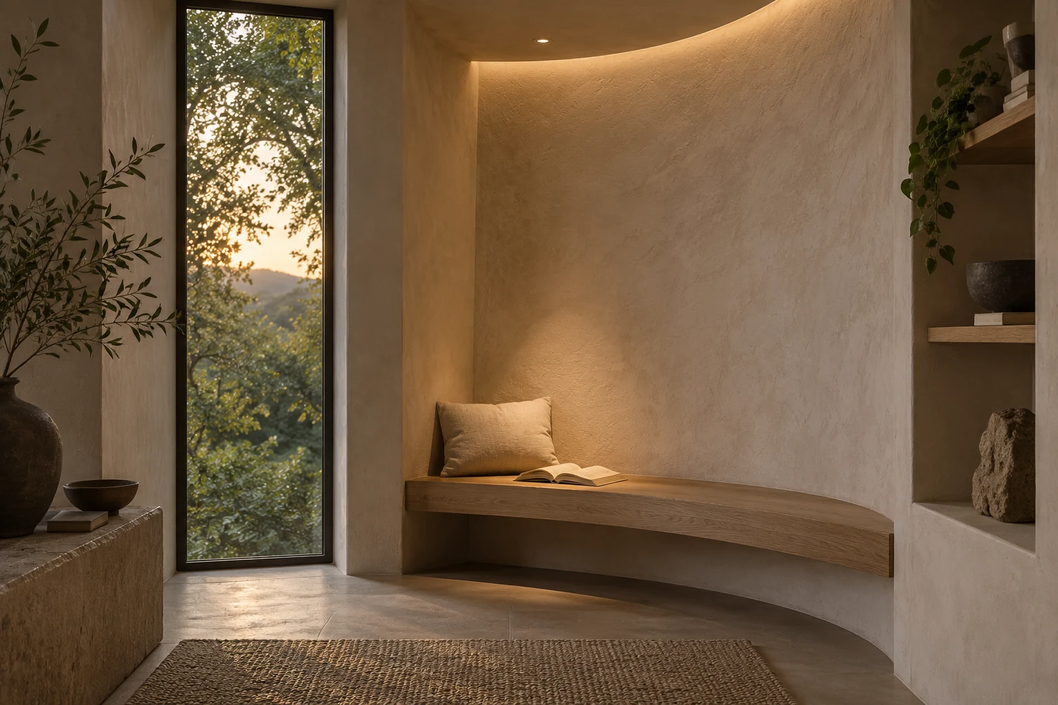 Conceptual reading alcove with warm light grazing a curved plaster wall