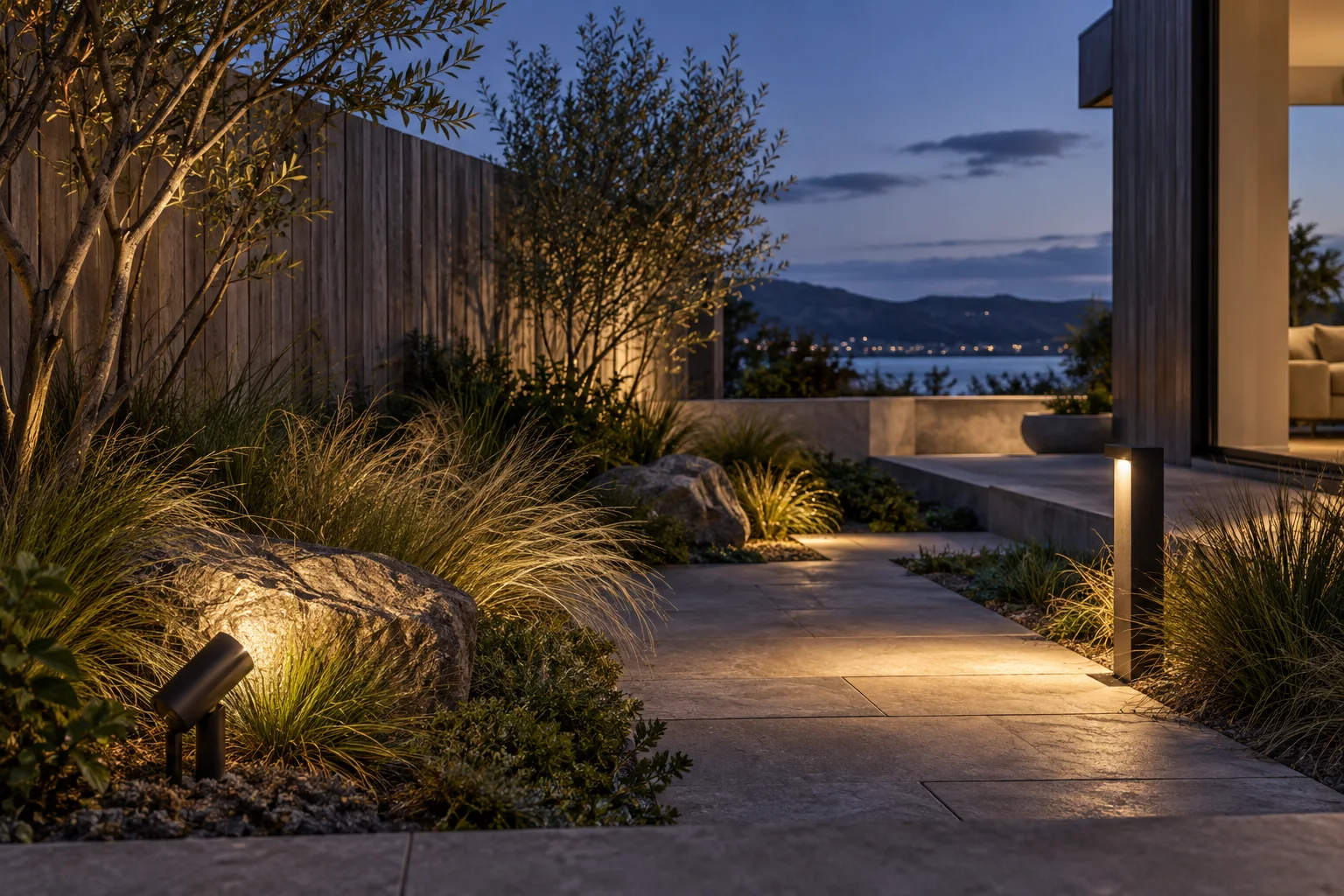 Shape paths, planting and outdoor rooms with carefully placed light.