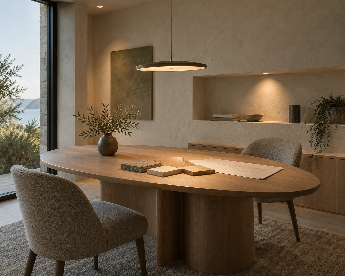 Lighting consultation concept with material samples, architectural drawings and warm lighting