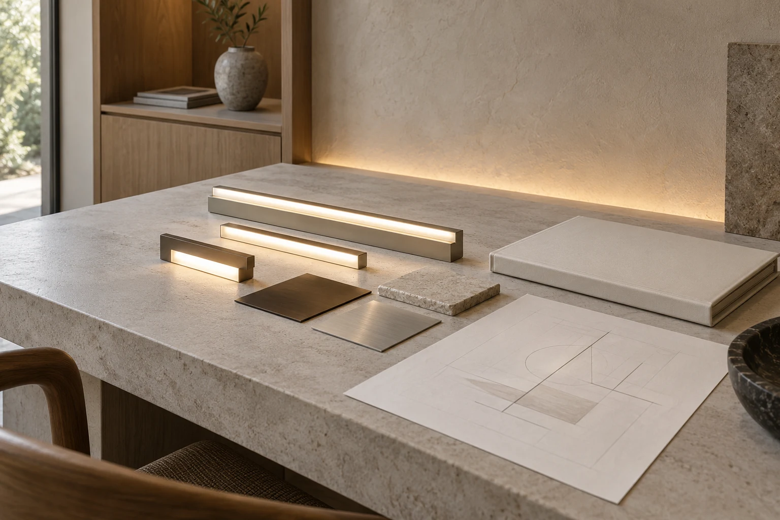 Lighting design studio concept with material samples and architectural drawings