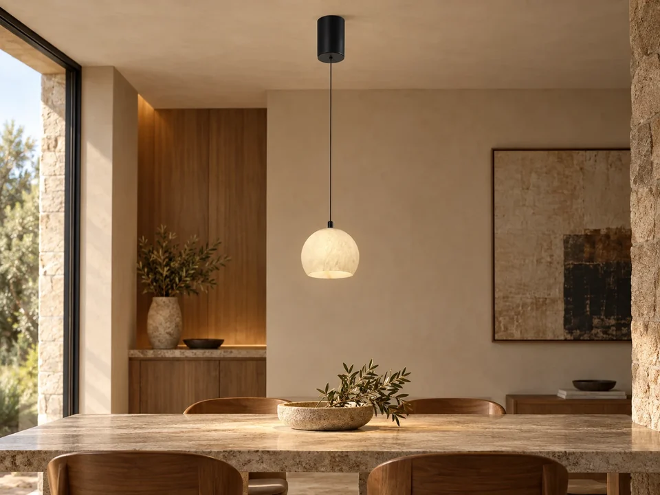 Illustrative space scene for the Alabaster-Stone Orbi Semi Sphere Pendant 120 product series