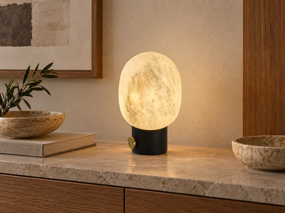 Illustrative space scene for the Alabaster-Stone Orbi Oval Table Lamp product series