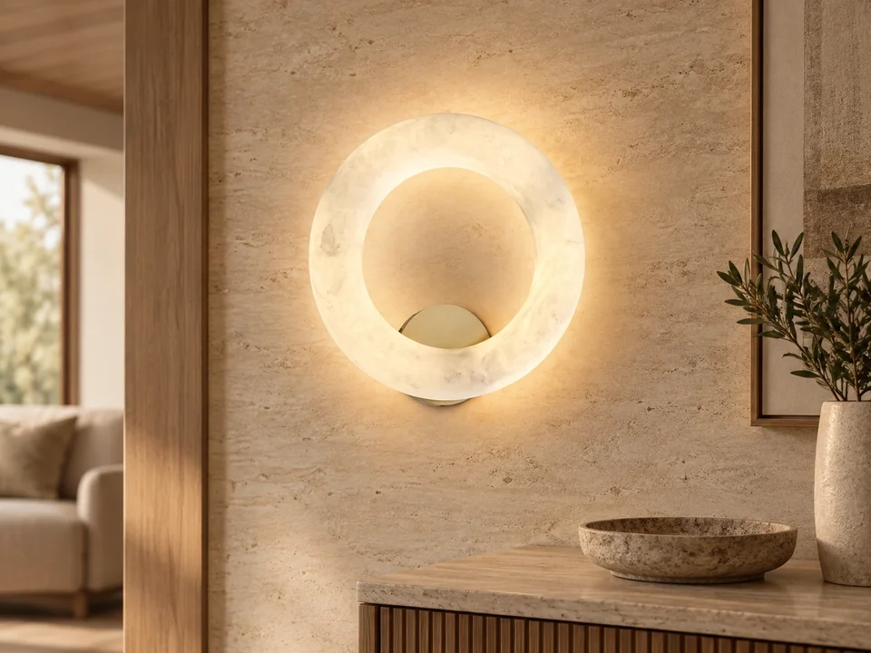 Illustrative space scene for the Alabaster-Stone Halo Wall Light 340 product series