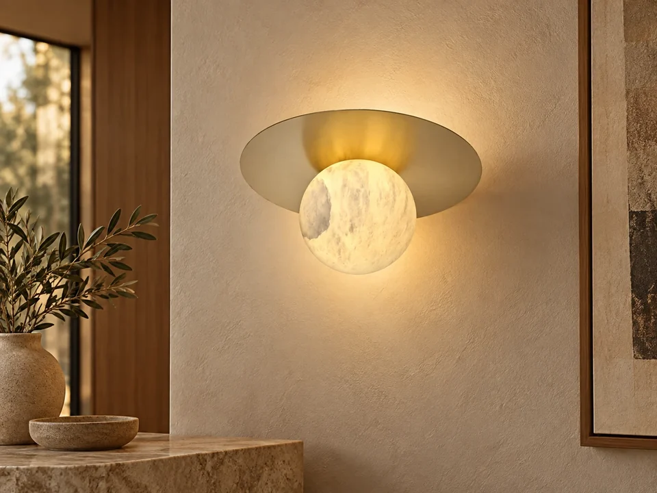 Illustrative space scene for the Alabaster-Stone Orbi Disc Wall Light — 200 product series