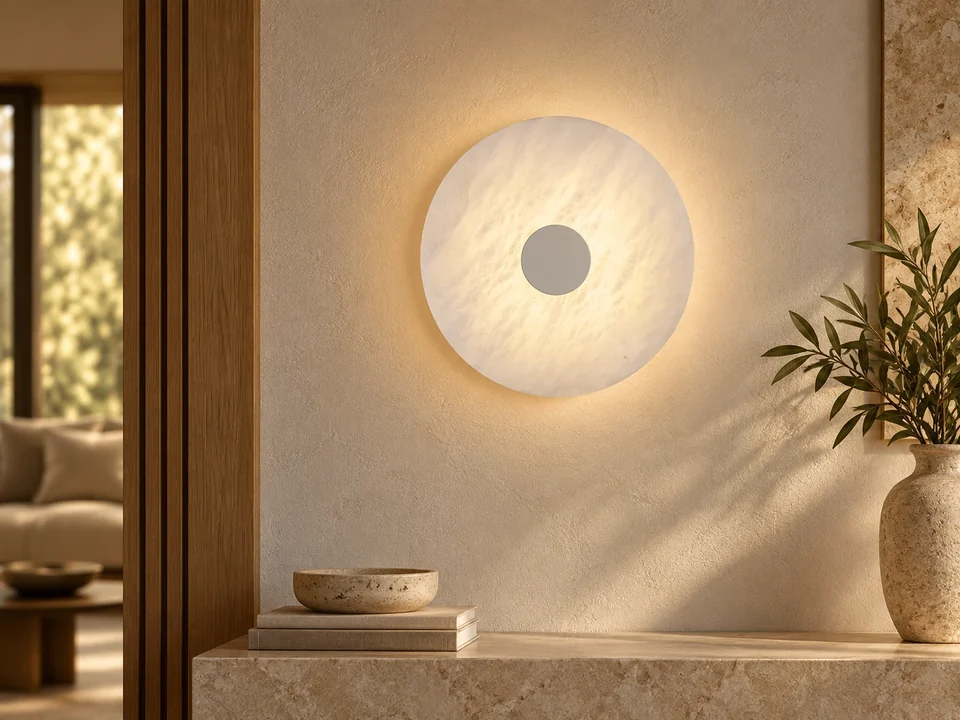 Illustrative space scene for the Alabaster-Stone Disk Wall Light 250 product series