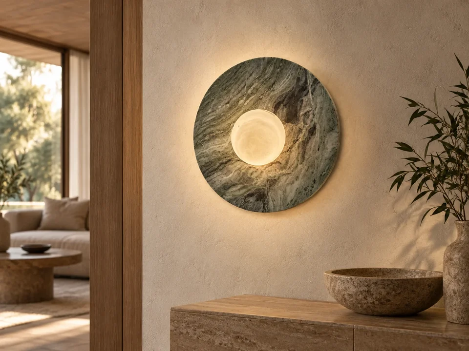 Illustrative space scene for the Alabaster-Stone Orbi Disc Wall Light — 230 product series