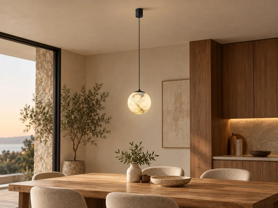 Illustrative space scene for the Alabaster-Stone Orbi Sphere Pendant 140 product series